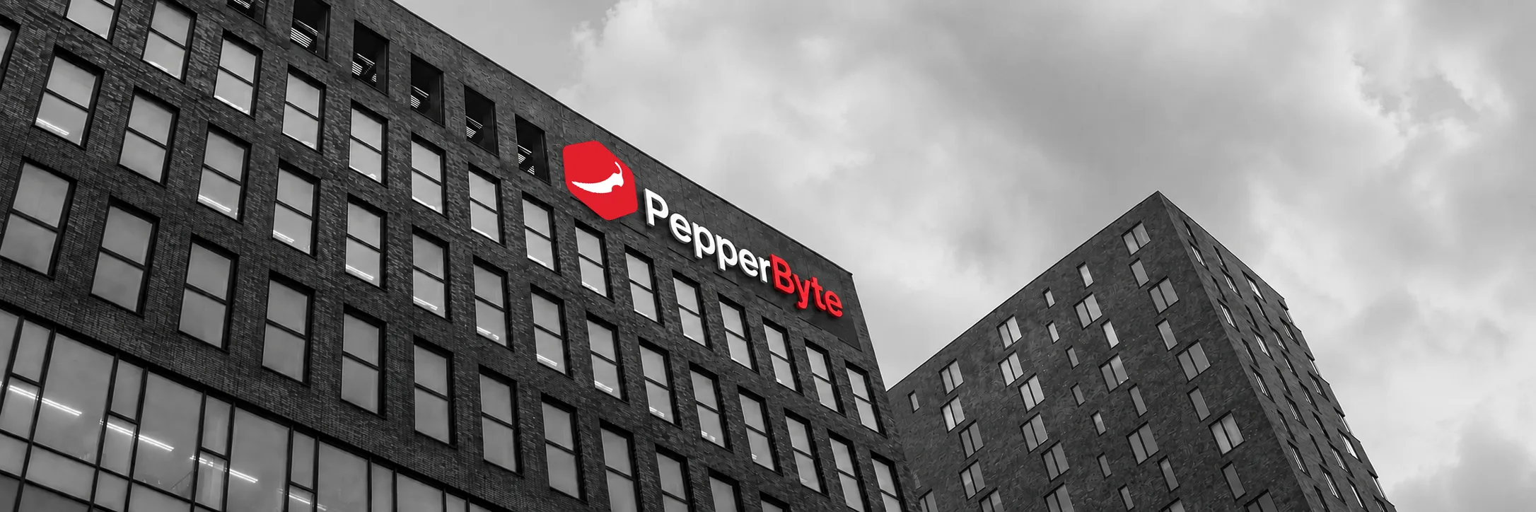 Het PepperByte kantoorgebouw met de PepperByte gevelbelettering