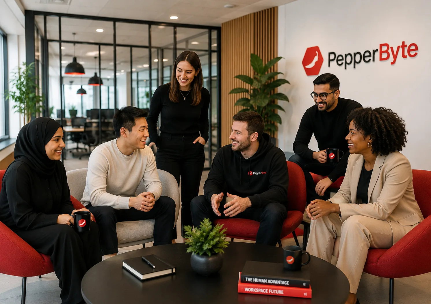 Het PepperByte team in gesprek in de kantoorlounge in Zoetermeer